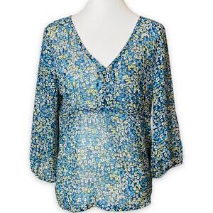🍀 Bass Women's Multicolor Floral V-Neck Bishop Sleeve Casual Blouse Size Medium